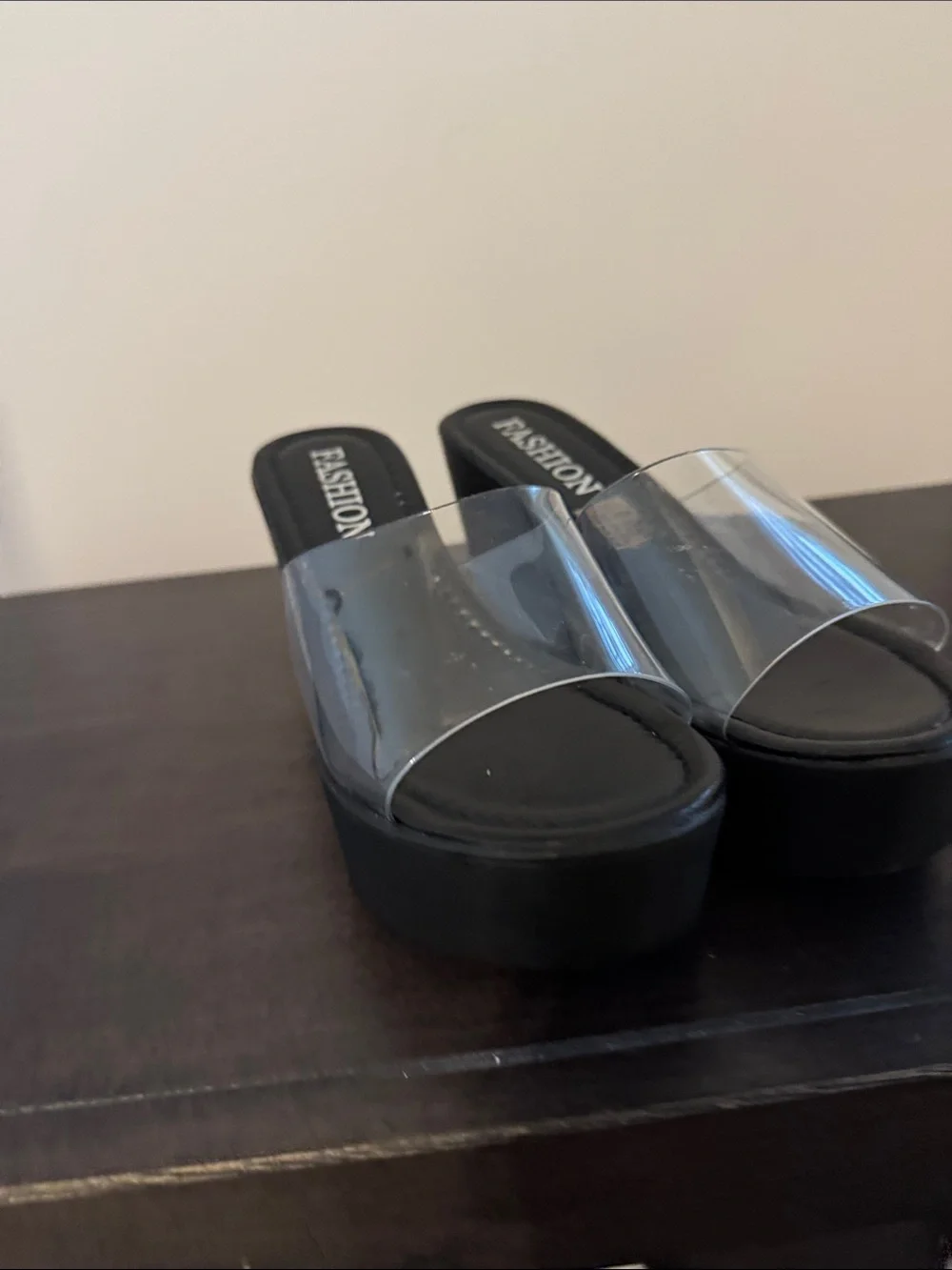 Clear Strap Black Platform Wedge Sandals